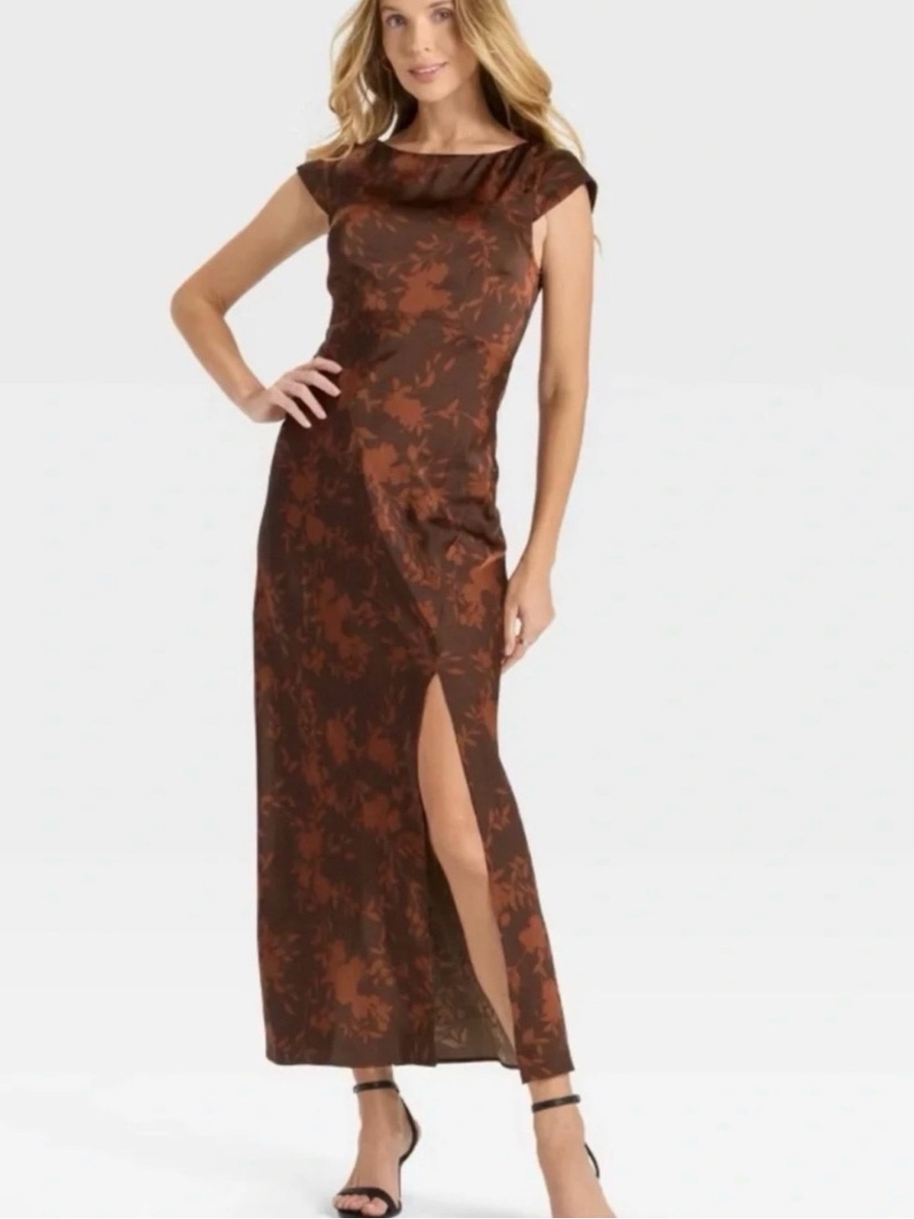 a new day Brown Floral Satin Midi Dress